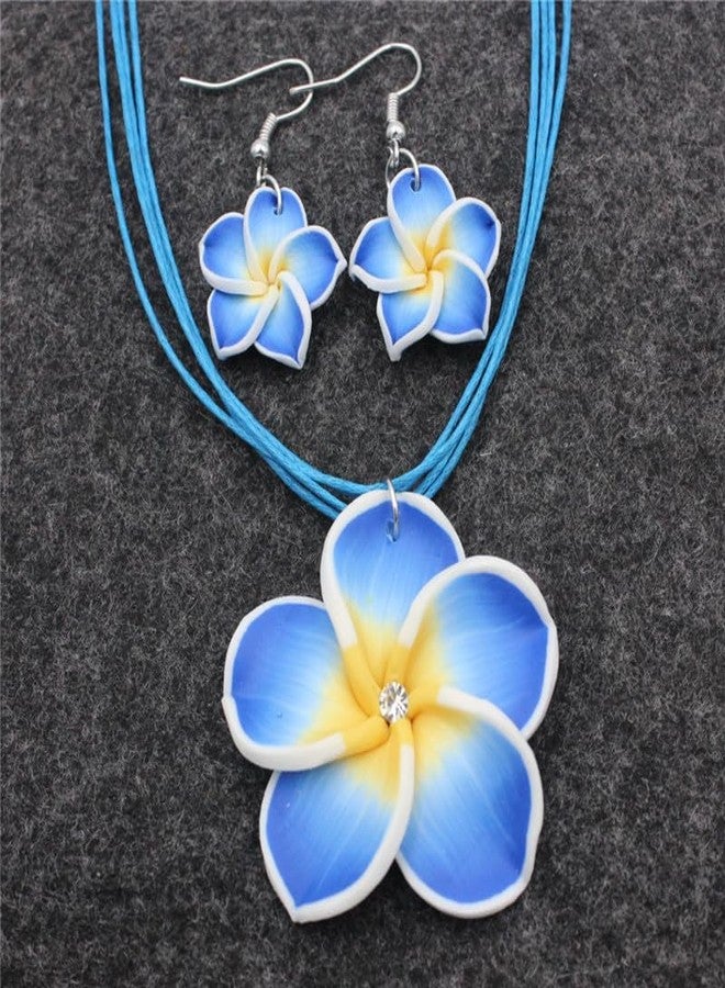 POYAMUSE Hawaiian Colorful Plumeria Flower Necklace Earrings Set - Tropical Beach Party Accessories for Women Vacation Luau Events Jewelry-blue - Image 4